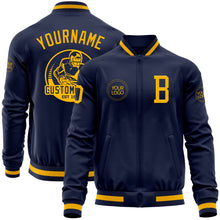 Load image into Gallery viewer, Custom Navy Gold Bomber Varsity Letterman Zipper Jacket