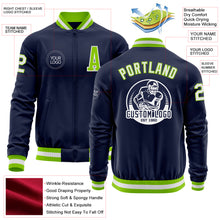 Load image into Gallery viewer, Custom Navy White-Neon Green Bomber Varsity Letterman Zipper Jacket