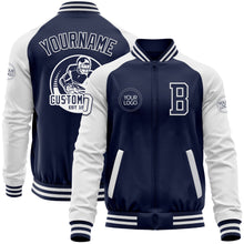 Load image into Gallery viewer, Custom Navy White Bomber Varsity Letterman Two Tone Zipper Jacket