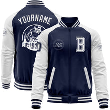 Load image into Gallery viewer, Custom Navy White Bomber Varsity Letterman Two Tone Zipper Jacket