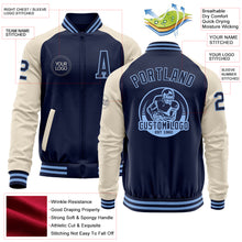 Load image into Gallery viewer, Custom Navy Light Blue-Cream Bomber Varsity Letterman Two Tone Zipper Jacket