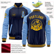 Load image into Gallery viewer, Custom Navy Gold-Light Blue Bomber Varsity Letterman Two Tone Zipper Jacket