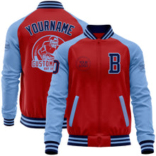 Load image into Gallery viewer, Custom Red Navy-Light Blue Bomber Varsity Letterman Two Tone Zipper Jacket