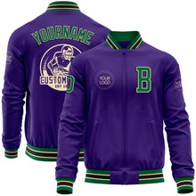 Load image into Gallery viewer, Custom Purple Kelly Green Cream-Black Bomber Varsity Letterman Zipper Jacket