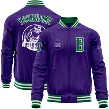 Load image into Gallery viewer, Custom Purple Kelly Green-White Bomber Varsity Letterman Zipper Jacket