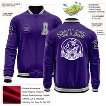 Load image into Gallery viewer, Custom Purple Black-Gray Bomber Varsity Letterman Zipper Jacket