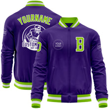 Load image into Gallery viewer, Custom Purple Neon Green-White Bomber Varsity Letterman Zipper Jacket