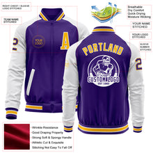 Load image into Gallery viewer, Custom Purple Gold-White Bomber Varsity Letterman Two Tone Zipper Jacket