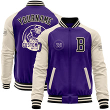Load image into Gallery viewer, Custom Purple Black-Cream Bomber Varsity Letterman Two Tone Zipper Jacket