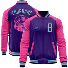 Load image into Gallery viewer, Custom Purple Light Blue Black-Pink Bomber Varsity Letterman Two Tone Zipper Jacket