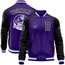 Load image into Gallery viewer, Custom Purple Black-White Bomber Varsity Letterman Two Tone Zipper Jacket