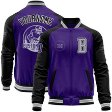 Load image into Gallery viewer, Custom Purple Black-Gray Bomber Varsity Letterman Two Tone Zipper Jacket
