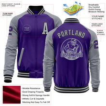 Load image into Gallery viewer, Custom Purple Gray-Black Bomber Varsity Letterman Two Tone Zipper Jacket