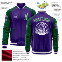 Load image into Gallery viewer, Custom Purple Kelly Green-White Bomber Varsity Letterman Two Tone Zipper Jacket