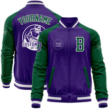 Load image into Gallery viewer, Custom Purple Kelly Green-White Bomber Varsity Letterman Two Tone Zipper Jacket