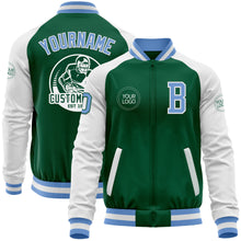Load image into Gallery viewer, Custom Kelly Green Light Blue-White Bomber Varsity Letterman Two Tone Zipper Jacket
