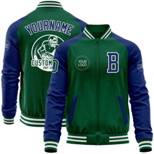 Load image into Gallery viewer, Custom Kelly Green Royal-White Bomber Varsity Letterman Two Tone Zipper Jacket