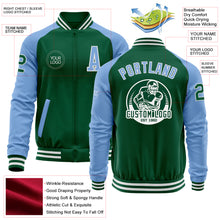 Load image into Gallery viewer, Custom Kelly Green Light Blue-White Bomber Varsity Letterman Two Tone Zipper Jacket