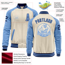 Load image into Gallery viewer, Custom Cream Navy-Light Blue Bomber Varsity Letterman Two Tone Zipper Jacket