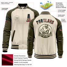 Load image into Gallery viewer, Custom Cream Vintage USA Flag Black-Olive Bomber Varsity Letterman Two Tone Zipper Jacket