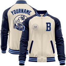 Load image into Gallery viewer, Custom Cream Light Blue-Navy Bomber Varsity Letterman Two Tone Zipper Jacket