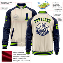 Load image into Gallery viewer, Custom Cream Neon Green-Navy Bomber Varsity Letterman Two Tone Zipper Jacket