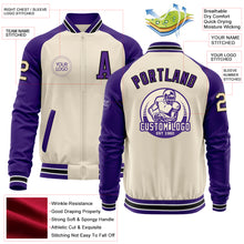 Load image into Gallery viewer, Custom Cream Black Purple-White Bomber Varsity Letterman Two Tone Zipper Jacket