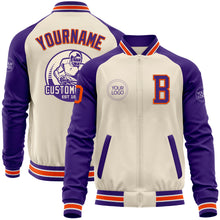 Load image into Gallery viewer, Custom Cream Orange Purple-White Bomber Varsity Letterman Two Tone Zipper Jacket