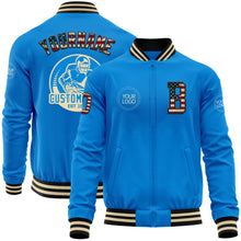 Load image into Gallery viewer, Custom Powder Blue Vintage USA Flag Black-Cream Bomber Varsity Letterman Zipper Jacket