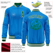 Load image into Gallery viewer, Custom Powder Blue Kelly Green-White Bomber Varsity Letterman Zipper Jacket