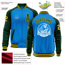 Load image into Gallery viewer, Custom Powder Blue Gold-Green Bomber Varsity Letterman Two Tone Zipper Jacket