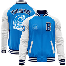 Load image into Gallery viewer, Custom Powder Blue Navy-White Bomber Varsity Letterman Two Tone Zipper Jacket