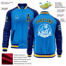 Load image into Gallery viewer, Custom Powder Blue Yellow-Royal Bomber Varsity Letterman Two Tone Zipper Jacket