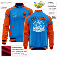 Load image into Gallery viewer, Custom Powder Blue Navy-Orange Bomber Varsity Letterman Two Tone Zipper Jacket