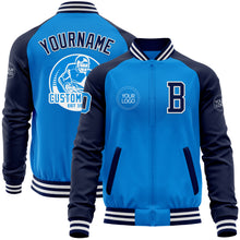 Load image into Gallery viewer, Custom Powder Blue White-Navy Bomber Varsity Letterman Two Tone Zipper Jacket