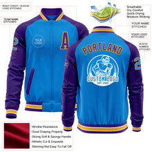 Load image into Gallery viewer, Custom Powder Blue Gold-Purple Bomber Varsity Letterman Two Tone Zipper Jacket