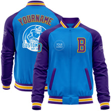Load image into Gallery viewer, Custom Powder Blue Gold-Purple Bomber Varsity Letterman Two Tone Zipper Jacket