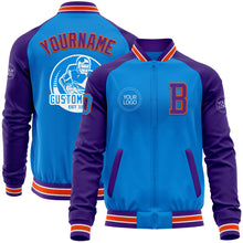 Load image into Gallery viewer, Custom Powder Blue Orange-Purple Bomber Varsity Letterman Two Tone Zipper Jacket