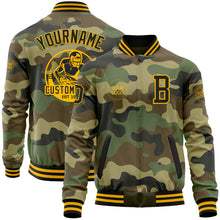 Load image into Gallery viewer, Custom Camo Black-Gold Bomber Varsity Letterman Salute To Service Zipper Jacket
