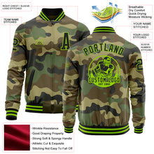 Load image into Gallery viewer, Custom Camo Black-Neon Green Bomber Varsity Letterman Salute To Service Zipper Jacket
