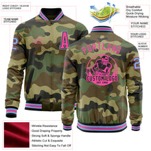Load image into Gallery viewer, Custom Camo Light Blue Black-Pink Bomber Varsity Letterman Salute To Service Zipper Jacket