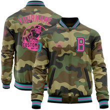 Load image into Gallery viewer, Custom Camo Aqua Black-Pink Bomber Varsity Letterman Salute To Service Zipper Jacket