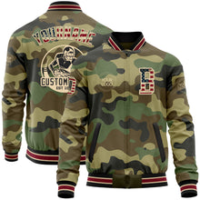 Load image into Gallery viewer, Custom Camo Vintage USA Flag City Cream Crimson-Black Bomber Varsity Letterman Salute To Service Zipper Jacket