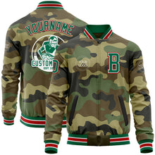 Load image into Gallery viewer, Custom Camo Kelly Green-Red Bomber Varsity Letterman Salute To Service Zipper Jacket