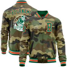 Load image into Gallery viewer, Custom Camo Kelly Green-Orange Bomber Varsity Letterman Salute To Service Zipper Jacket