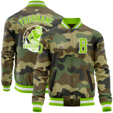 Load image into Gallery viewer, Custom Camo Neon Green-White Bomber Varsity Letterman Salute To Service Zipper Jacket