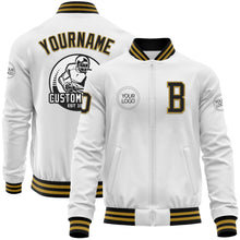 Load image into Gallery viewer, Custom White Black-Old Gold Bomber Varsity Letterman Zipper Jacket