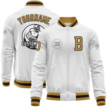 Load image into Gallery viewer, Custom White Old Gold-Black Bomber Varsity Letterman Zipper Jacket