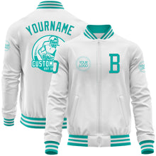 Load image into Gallery viewer, Custom White Aqua Bomber Varsity Letterman Zipper Jacket