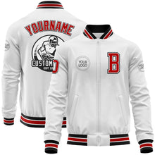 Load image into Gallery viewer, Custom White Red-Black Bomber Varsity Letterman Zipper Jacket